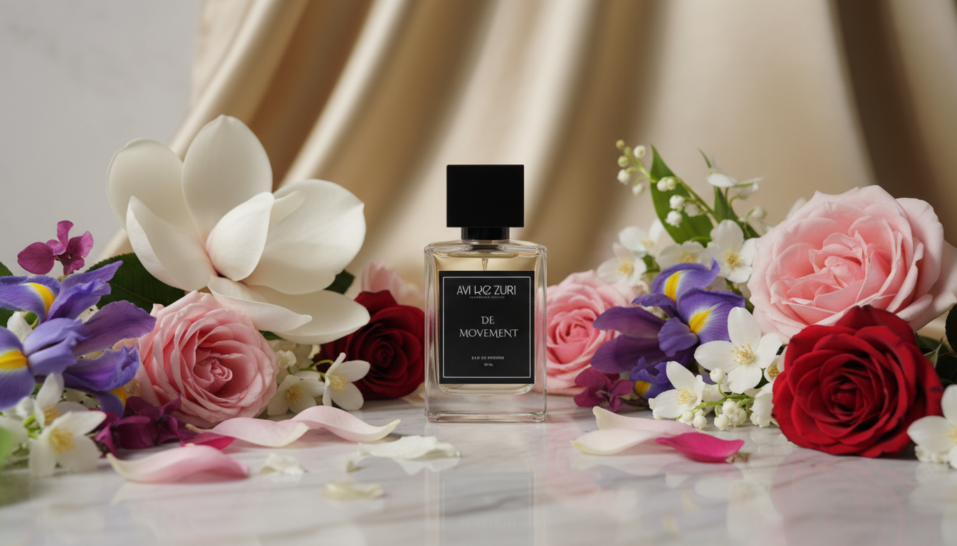 DE MOVEMENT perfume in sophisticated floral setting