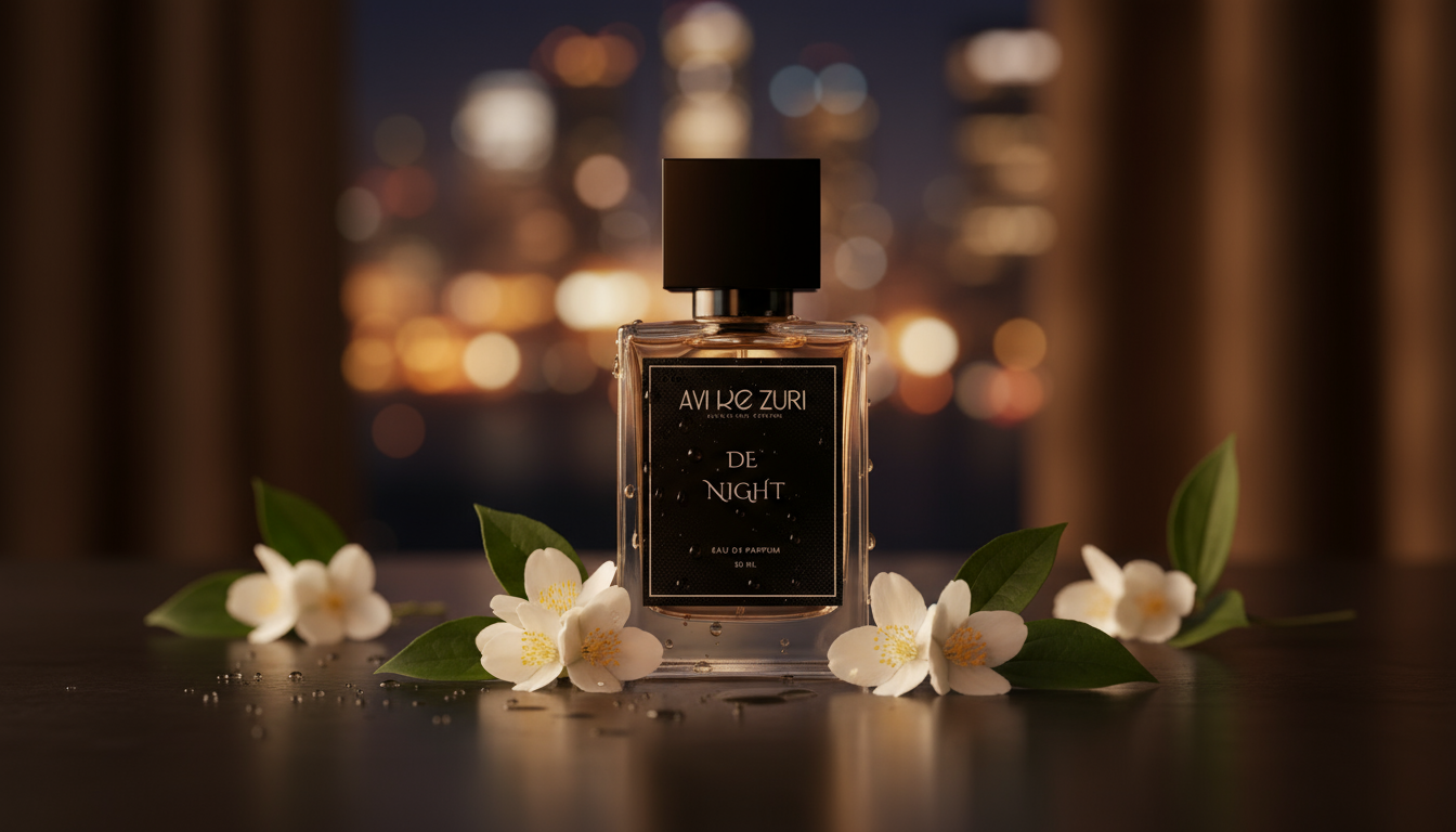 DE NIGHT perfume in elegant nighttime setting