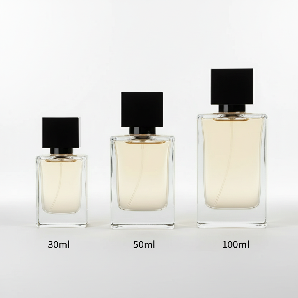 Perfume Size Comparison with Labels - 30ml, 50ml, 100ml